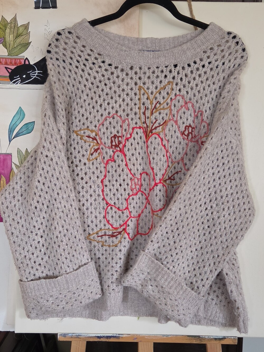Women’s Open-Knit Floral Embroidered Sweater